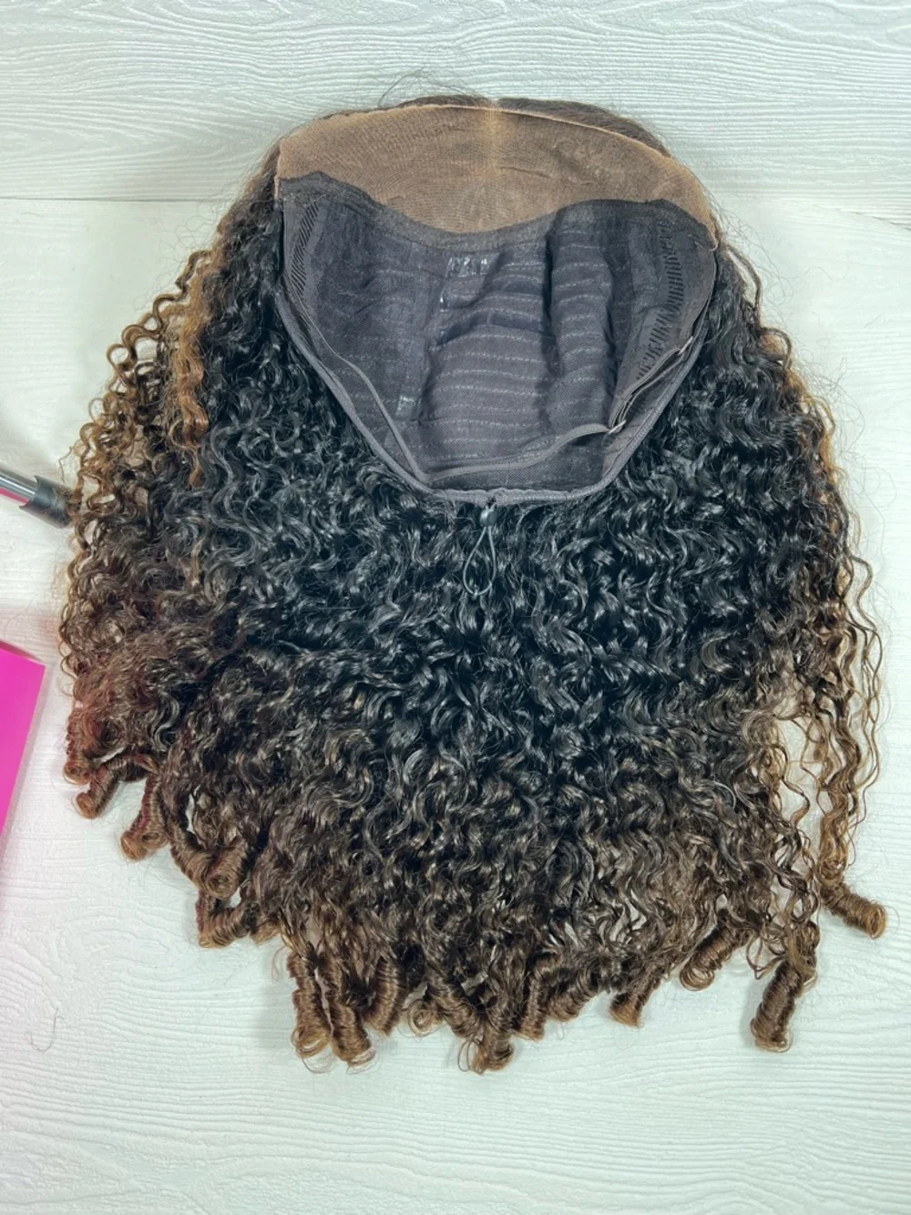 Unice Black & Chestnut Ombre Burmese Curly Finger Coil Human Hair 20 Inch Wig